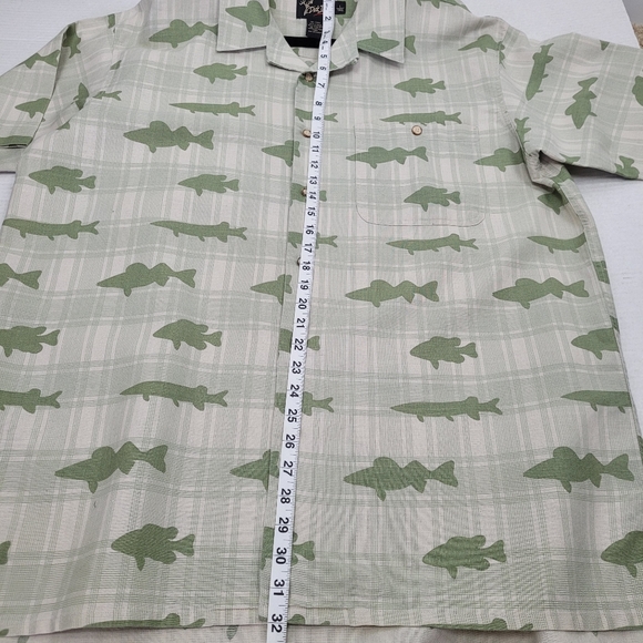 DICK IDOL Fish Print Shirt Linen Blend Green Size L Tall Relaxed Camp Fisherman - Picture 7 of 9